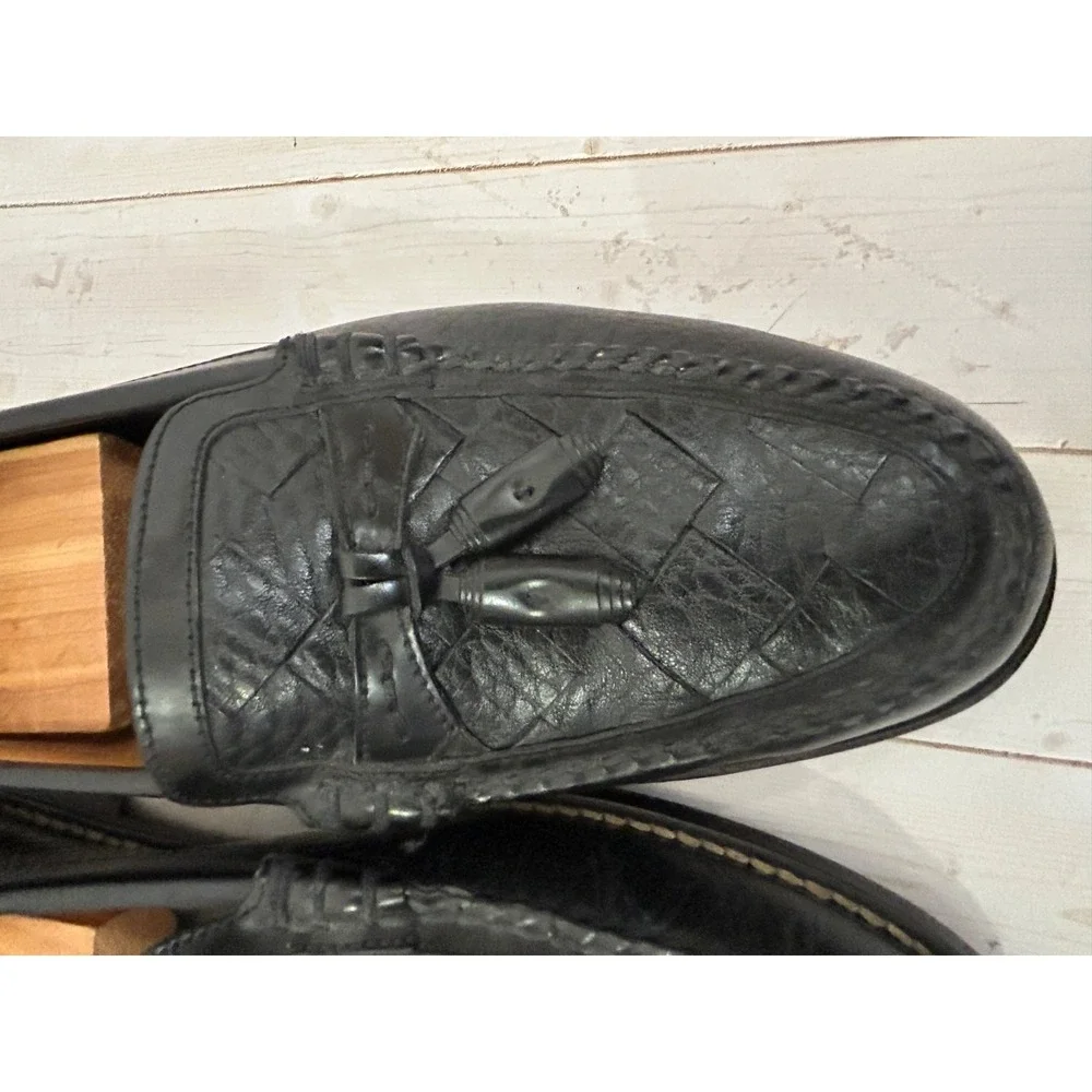 H.S. TRASK Men's Black Leather Basket Weave Tassel Loafer Slip On Size 9.5‎ M